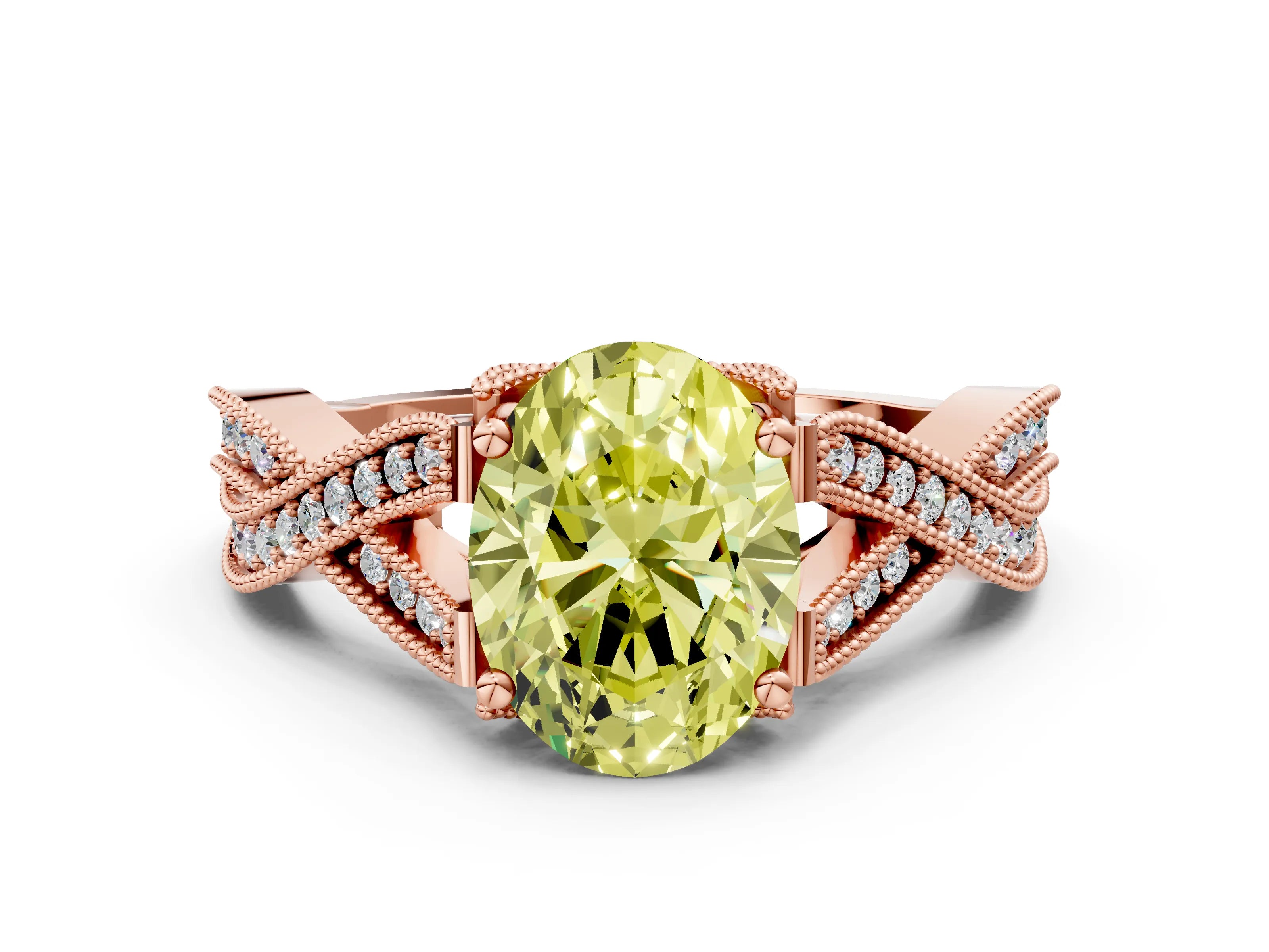 Rose gold Fancy Yellow Oval Cut Cut Diamond Twisted Band with Milgrain Pave Setting and Four-Prong Setting