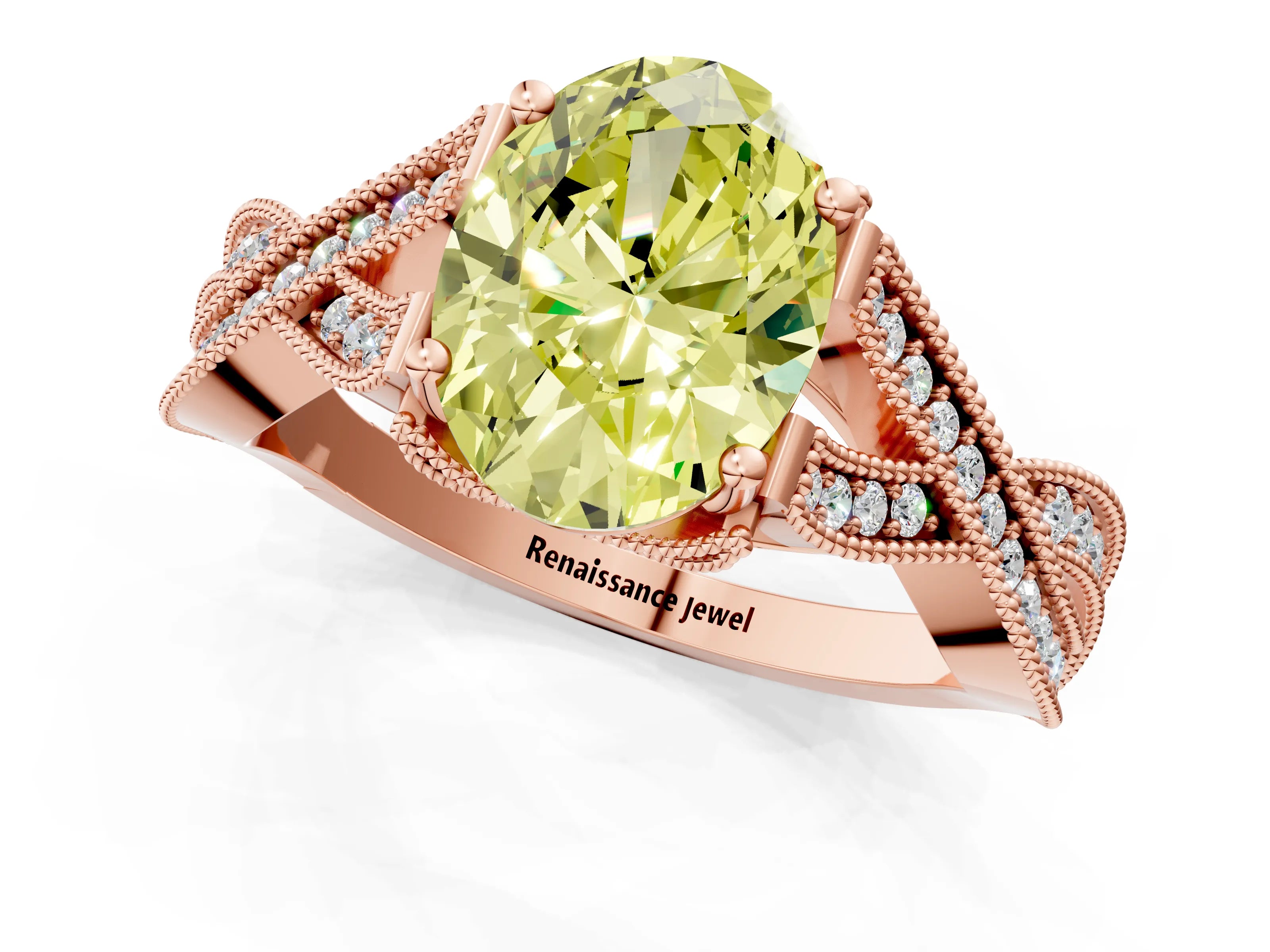 Rose gold Fancy Yellow Oval Cut Cut Diamond Twisted Band with Milgrain Pave Setting and Four-Prong Setting_1