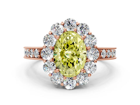 Rose gold Fancy Yellow Oval Cut Cut Halo Diamond Pavé Engagement Ring with Milgrain Detailing