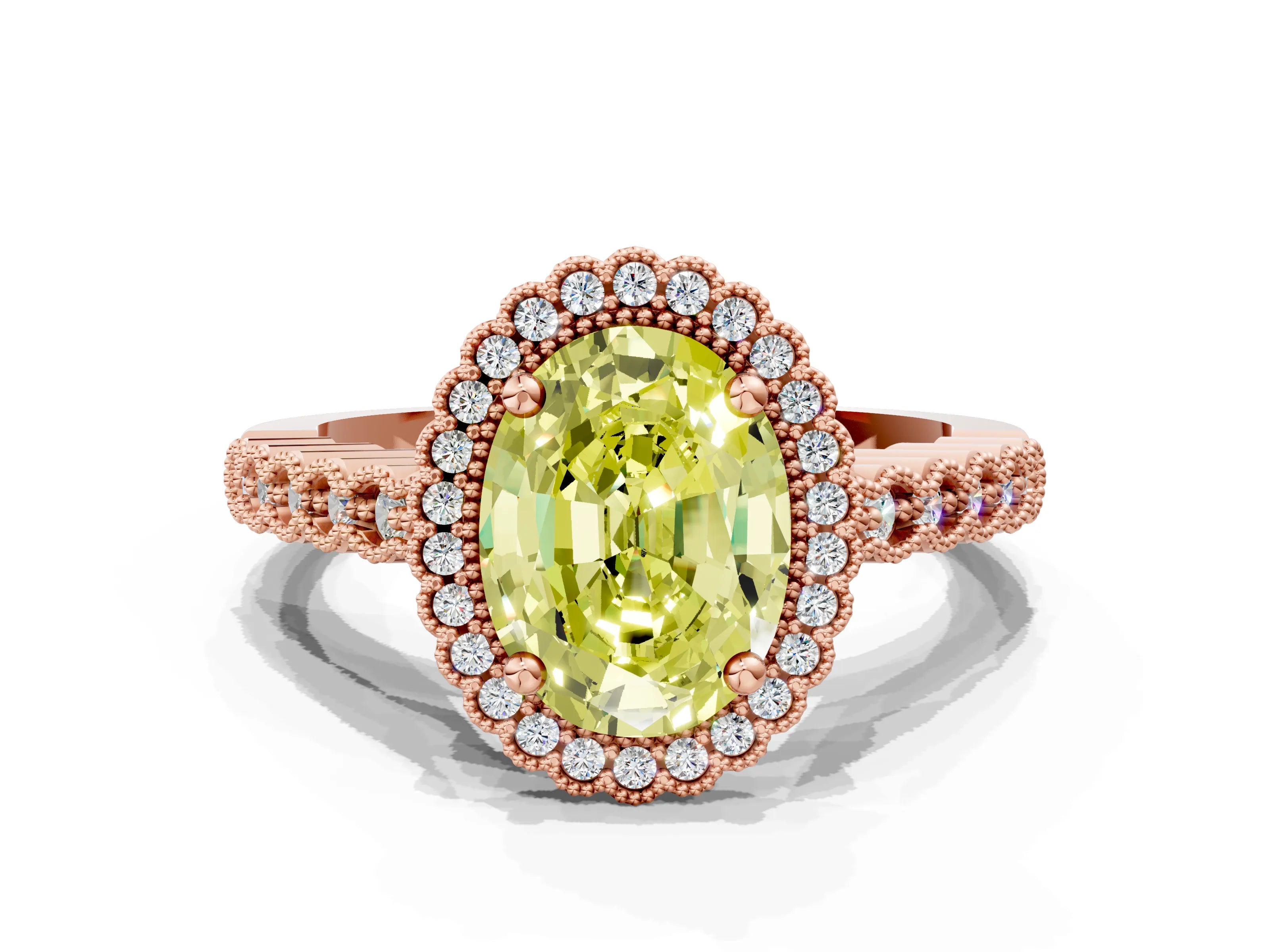Rose gold Fancy Yellow Oval Cut Cut Halo Pavé Solitaire Ring with Milgrain Band
