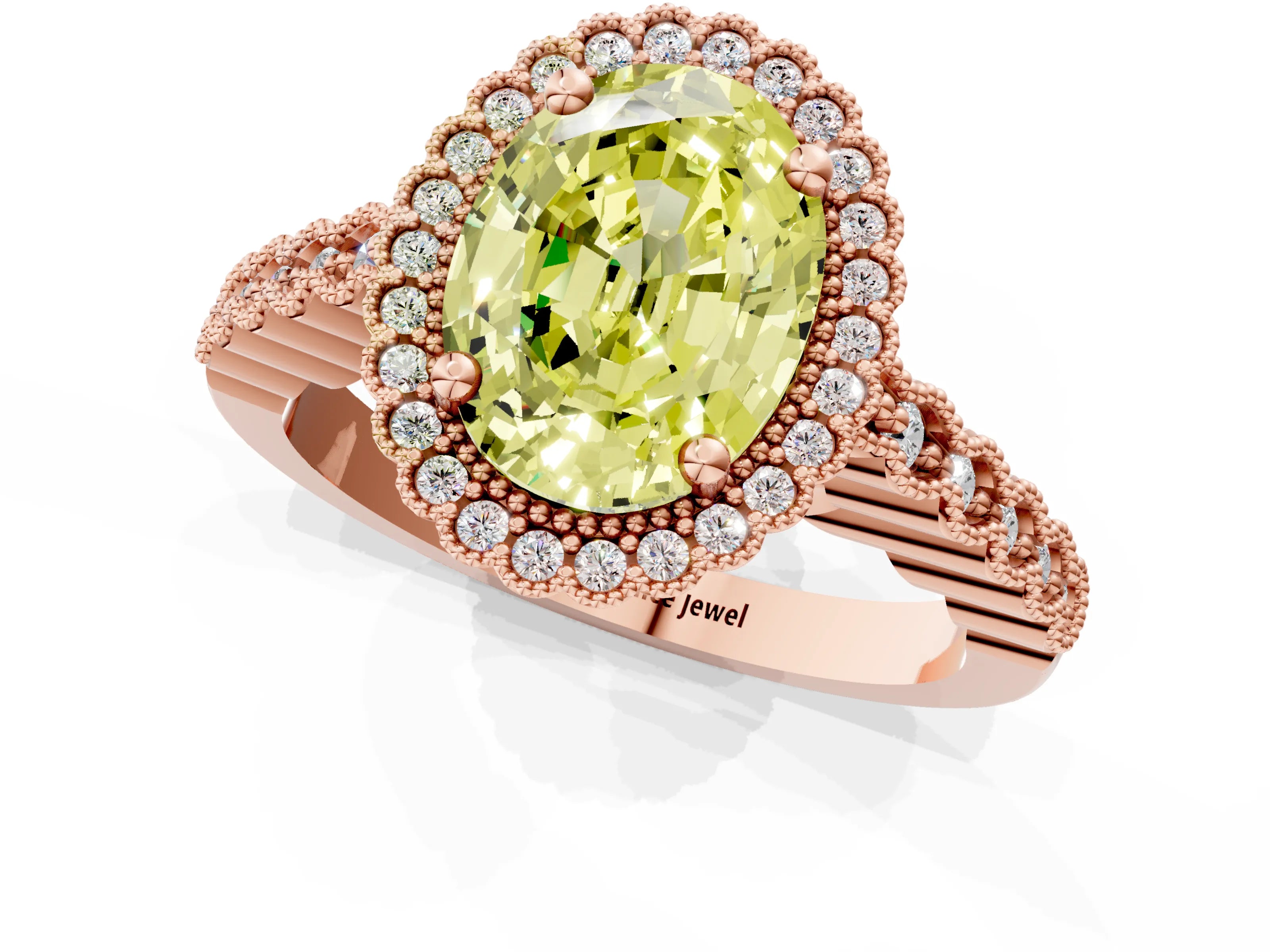 Rose gold Fancy Yellow Oval Cut Cut Halo Pavé Solitaire Ring with Milgrain Band_1