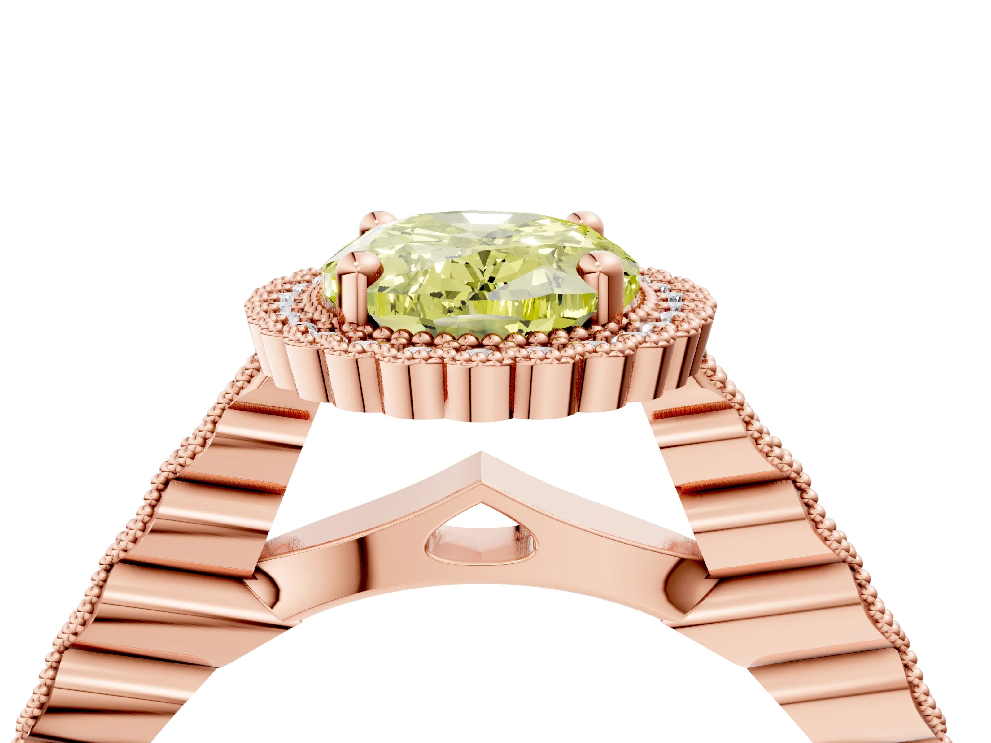 Rose gold Fancy Yellow Oval Cut Cut Halo Pavé Solitaire Ring with Milgrain Band_4