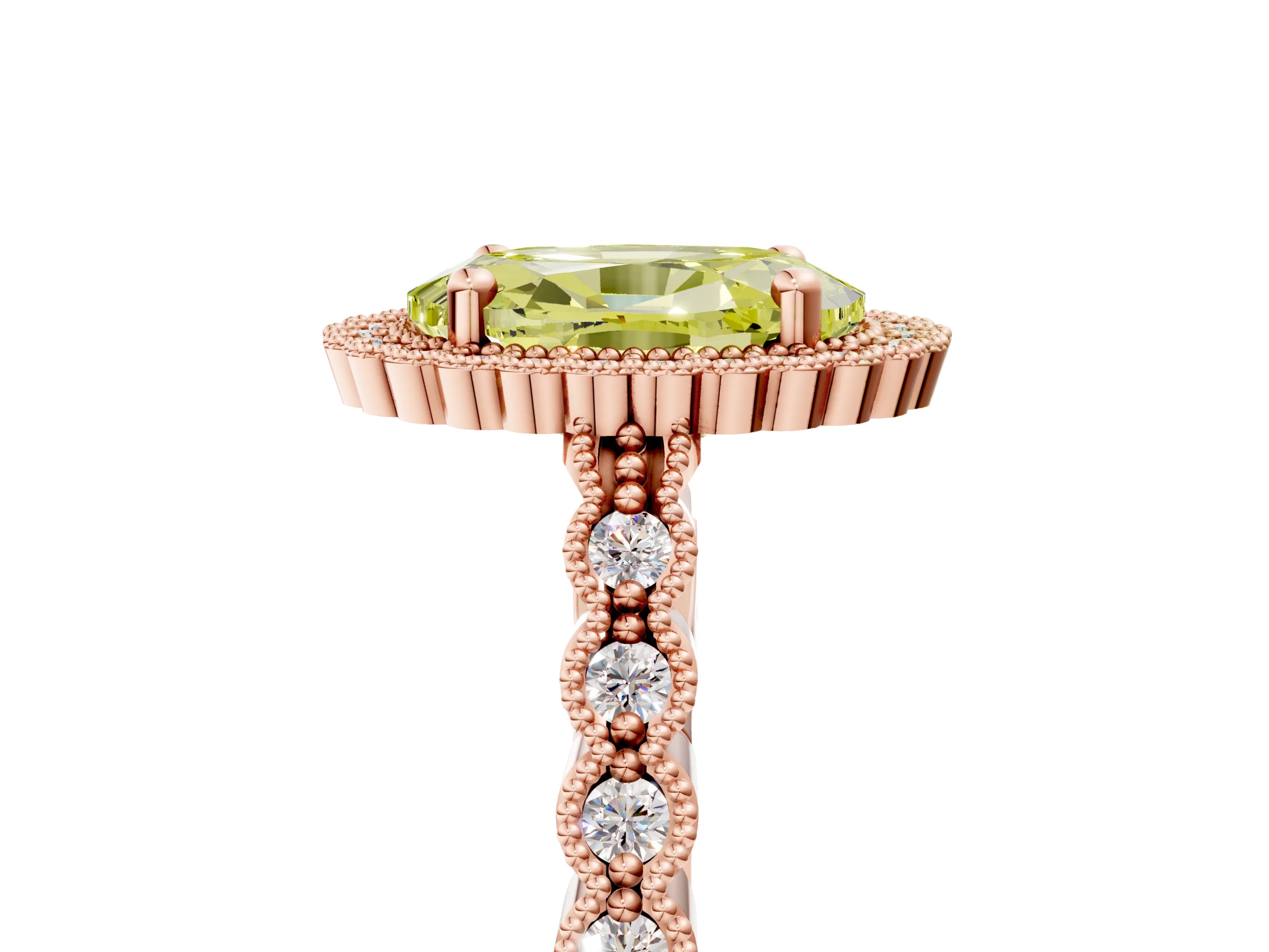 Rose gold Fancy Yellow Oval Cut Cut Halo Pavé Solitaire Ring with Milgrain Band_5