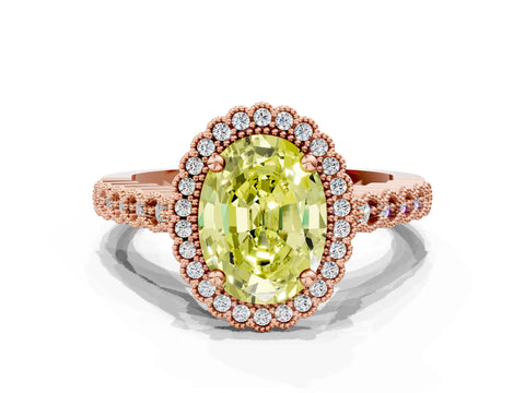 Rose gold Fancy Yellow Oval Cut Cut Halo Pavé Solitaire Ring with Milgrain Band