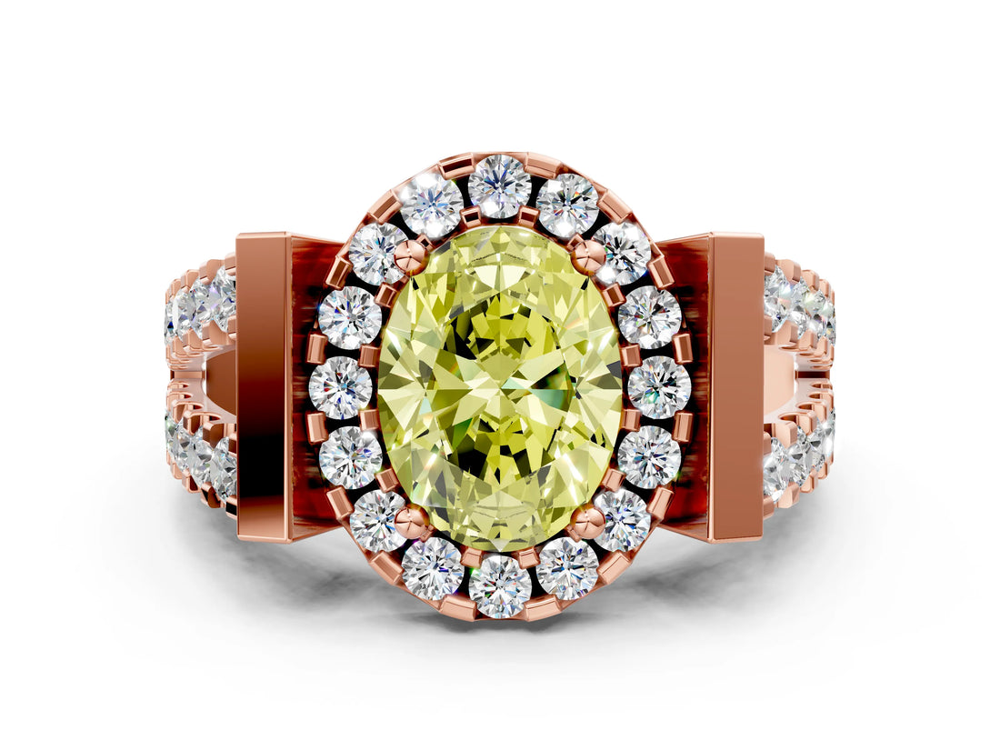 Rose gold Fancy Yellow Oval Cut Cut Halo Split Shank Prong Set Ring