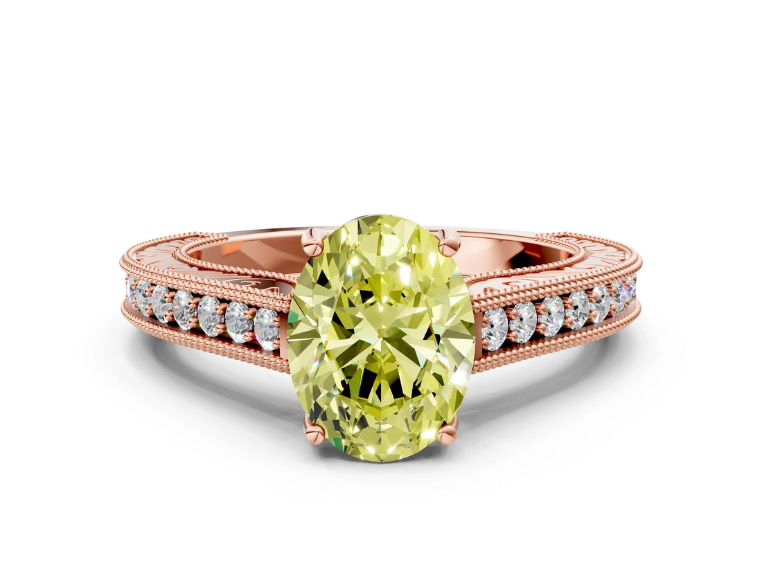 Rose gold Fancy Yellow Oval Cut Cut Pave Band Milgrain Solitaire Ring