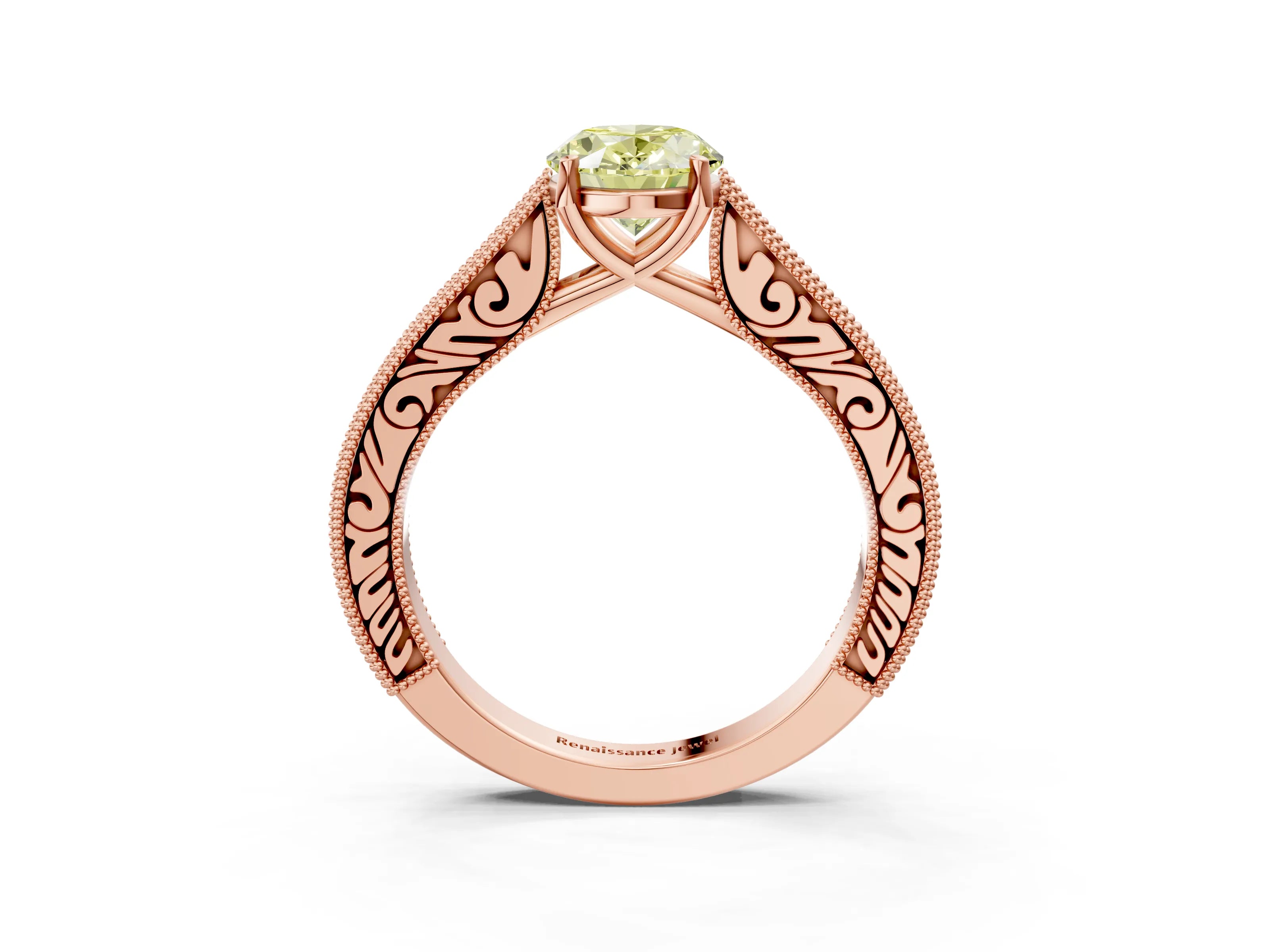 Rose gold Fancy Yellow Oval Cut Cut Pave Band Milgrain Solitaire Ring_3