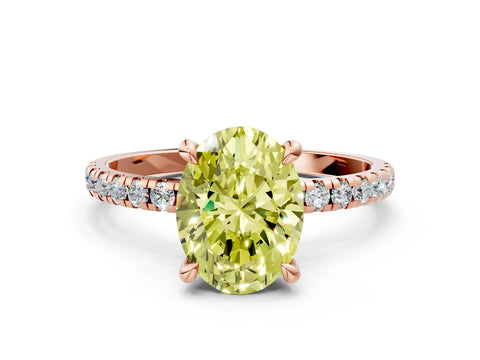 Rose gold Fancy Yellow Oval Cut Diamond Brilliant Solitaire Ring with Pavé Band and Four-Prong Setting