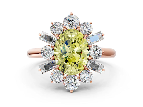 Rose gold Fancy Yellow Oval Cut Diamond Cluster Ring with Round and Baguette Stones, Split Shank Band, Prong Setting