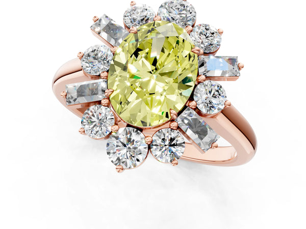 Rose gold Fancy Yellow Oval Cut Diamond Cluster Ring with Round and Baguette Stones, Split Shank Band, Prong Setting