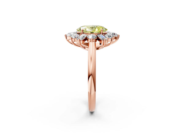Rose gold Fancy Yellow Oval Cut Diamond Cluster Ring with Round and Baguette Stones, Split Shank Band, Prong Setting