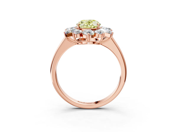 Rose gold Fancy Yellow Oval Cut Diamond Cluster Ring with Round and Baguette Stones, Split Shank Band, Prong Setting