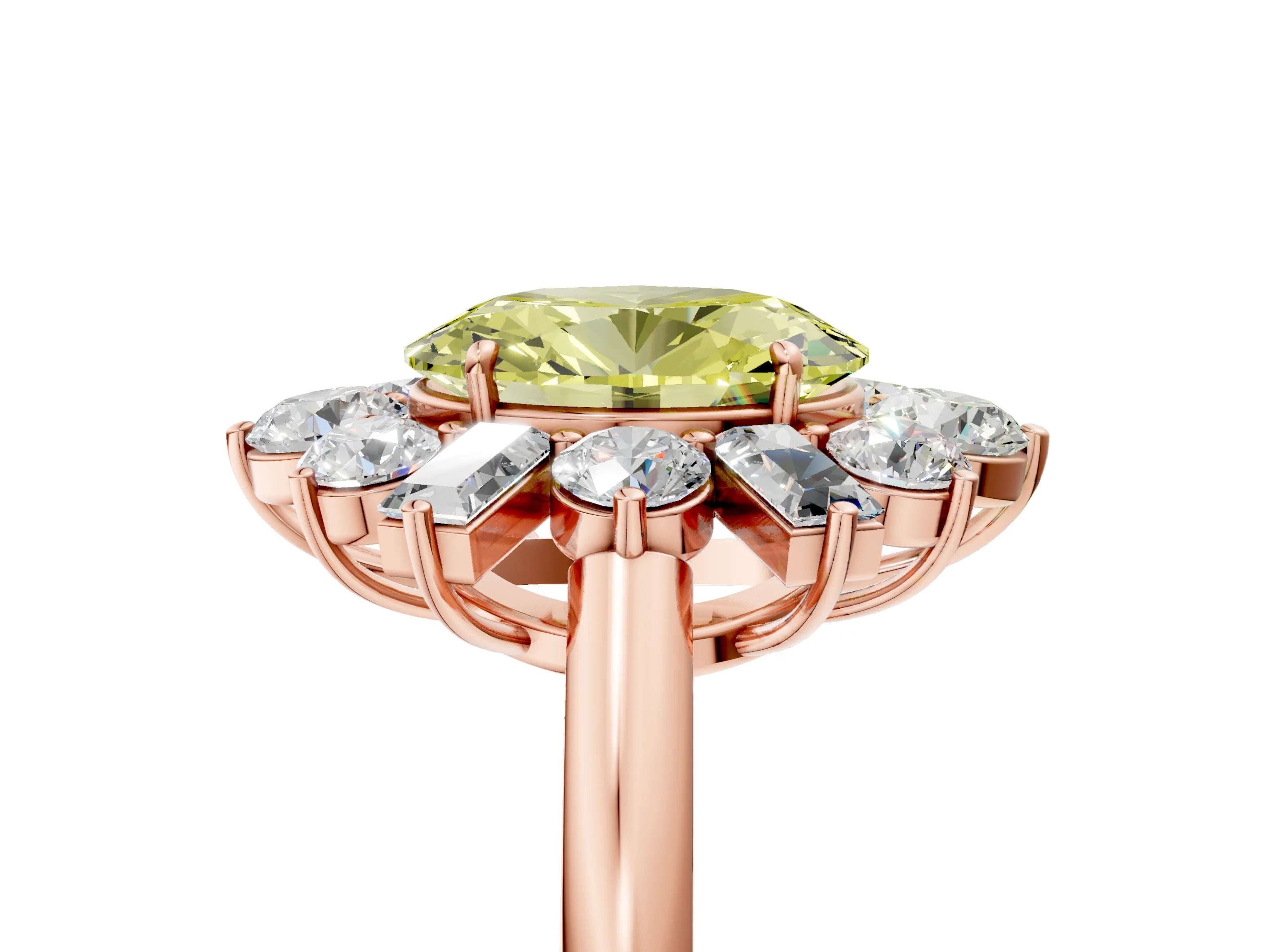 Rose gold Fancy Yellow Oval Cut Diamond Cluster Ring with Round and Baguette Stones, Split Shank Band, Prong Setting_5