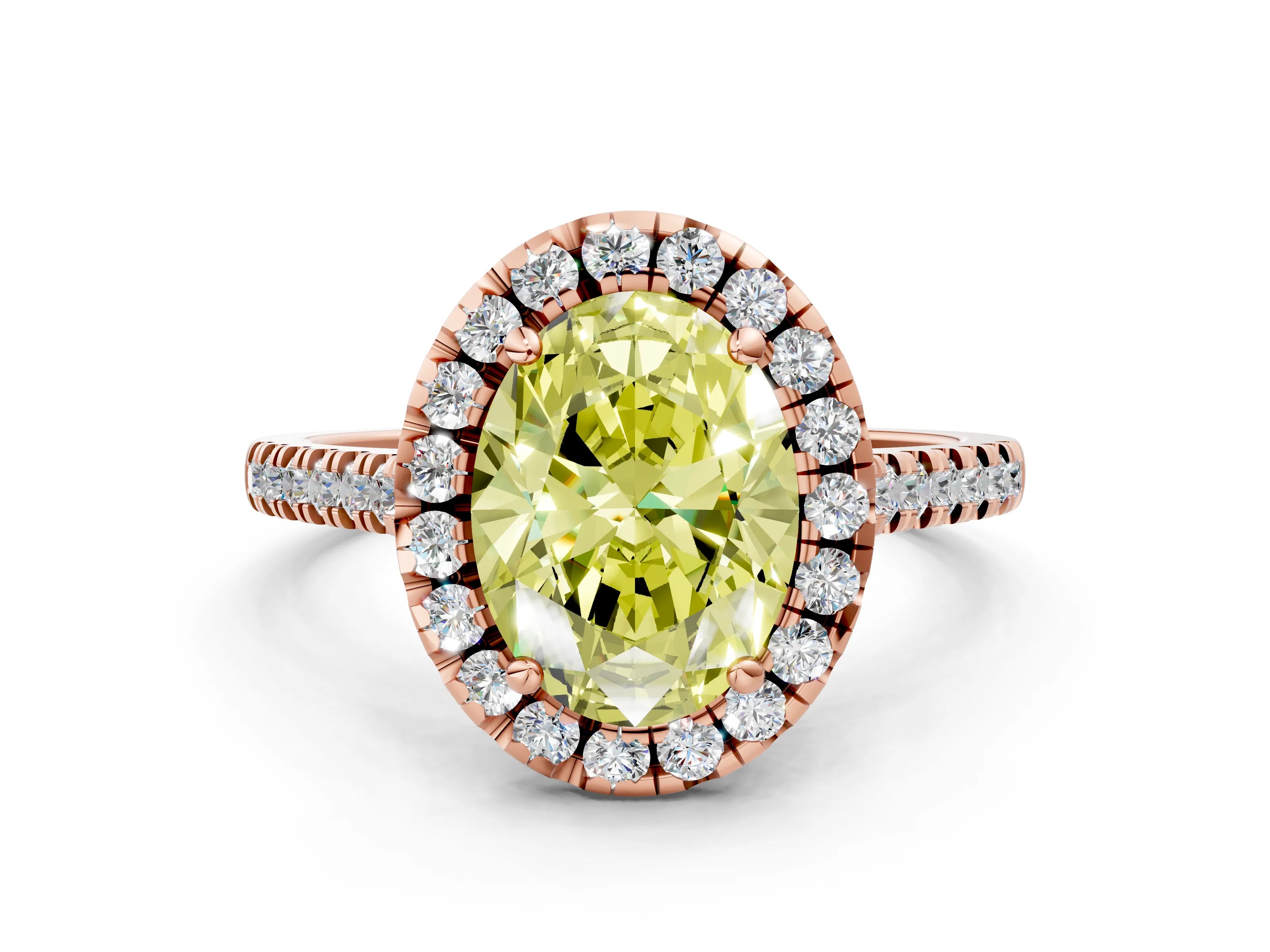 Rose gold Fancy Yellow Oval Cut Diamond Cushion Halo Ring with Pavé Band