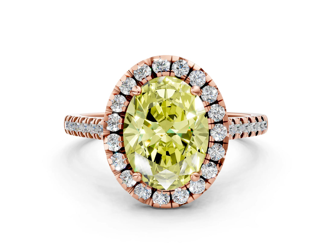 Rose gold Fancy Yellow Oval Cut Diamond Cushion Halo Ring with Pavé Band