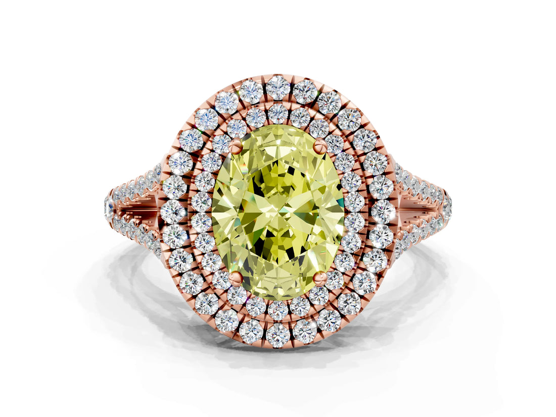 Rose gold Fancy Yellow Oval Cut Diamond Double Halo Ring with Pavé Band and Prong Setting_58