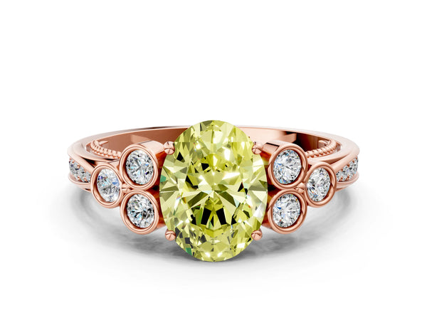 Rose gold Fancy Yellow Oval  Cut Diamond Engagement Ring with Bezel Set Round Side Stones and Prong Setting