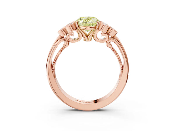 Rose gold Fancy Yellow Oval  Cut Diamond Engagement Ring with Bezel Set Round Side Stones and Prong Setting