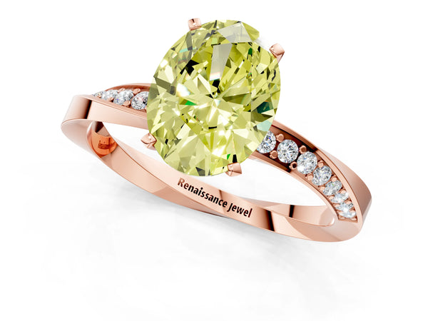 Rose gold Fancy Yellow Oval Cut Diamond Engagement Ring with Side Stone Accents and Four-Prong Setting