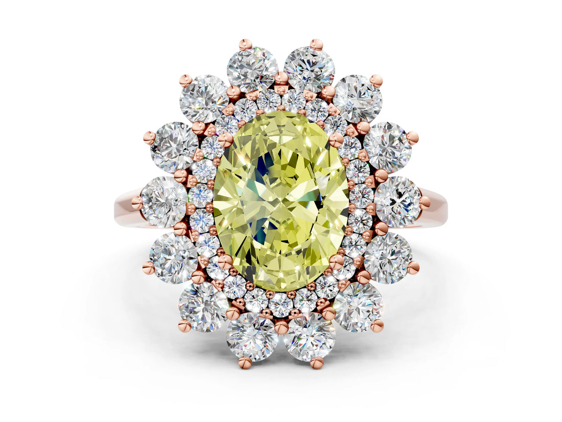 Rose gold Fancy Yellow Oval Cut Diamond Floral Double Halo Engagement Ring with Prong Setting_12