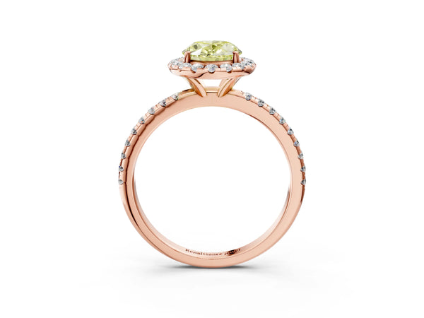 Rose gold Fancy Yellow Oval  Cut Diamond Floral Halo Engagement Ring with Pavé Band and Prong Setting