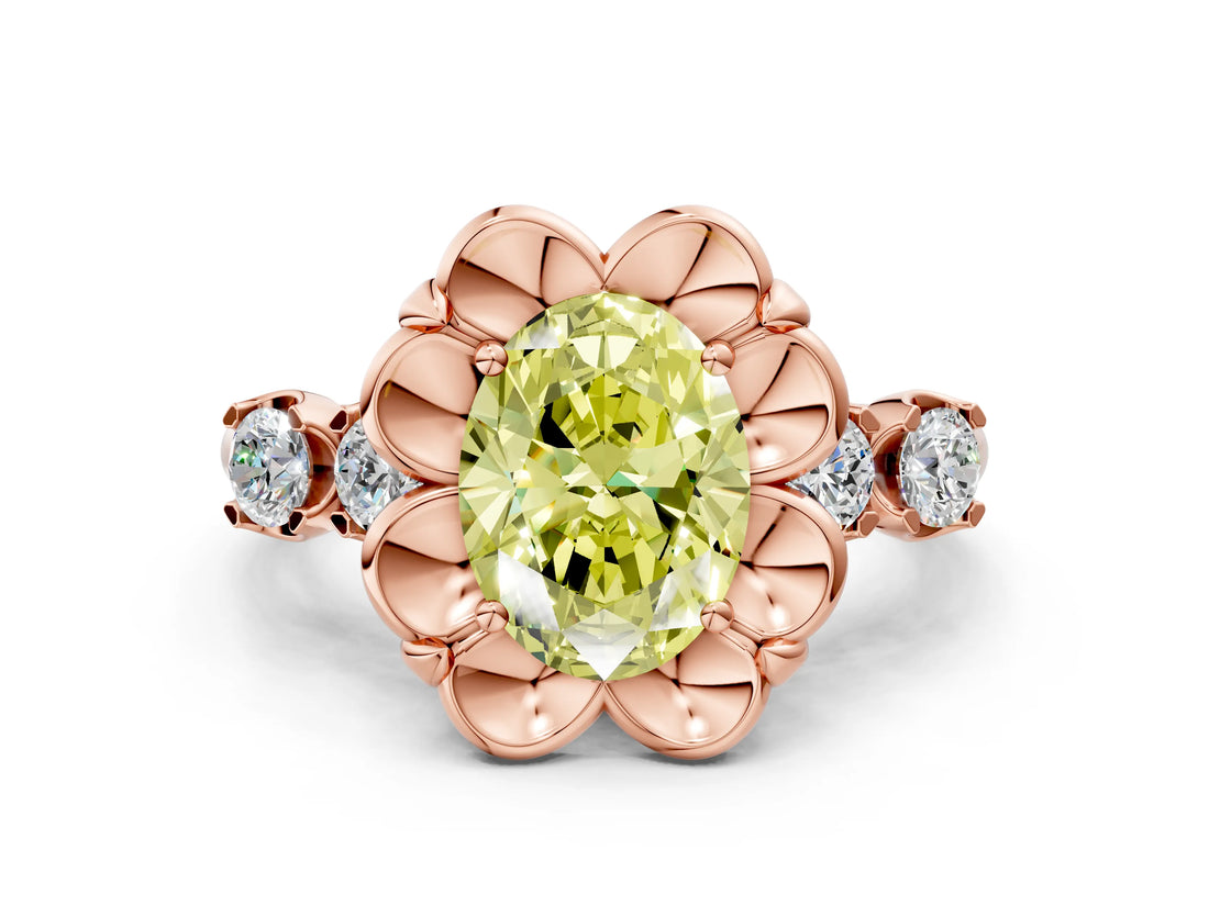 Rose gold Fancy Yellow Oval  Cut Diamond Floral Halo Engagement Ring with Shared Prong Setting 1