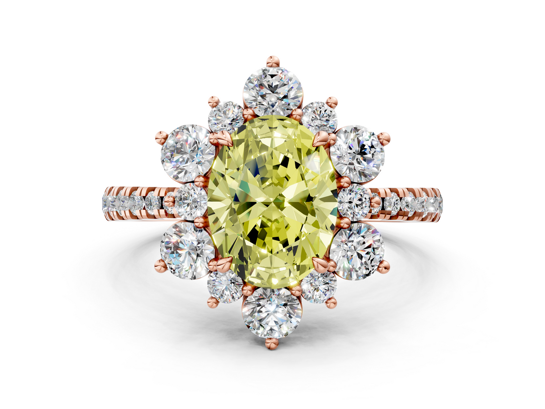 Rose gold Fancy Yellow Oval  Cut Diamond Floral Halo Pave Band with Prong Setting_36