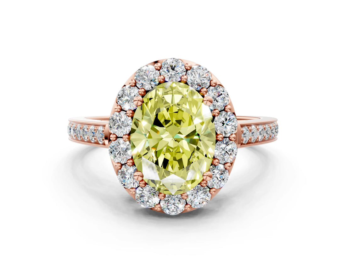 Rose gold Fancy Yellow Oval Cut Diamond Floral Halo Ring with Pavé Band and Prong Setting_3