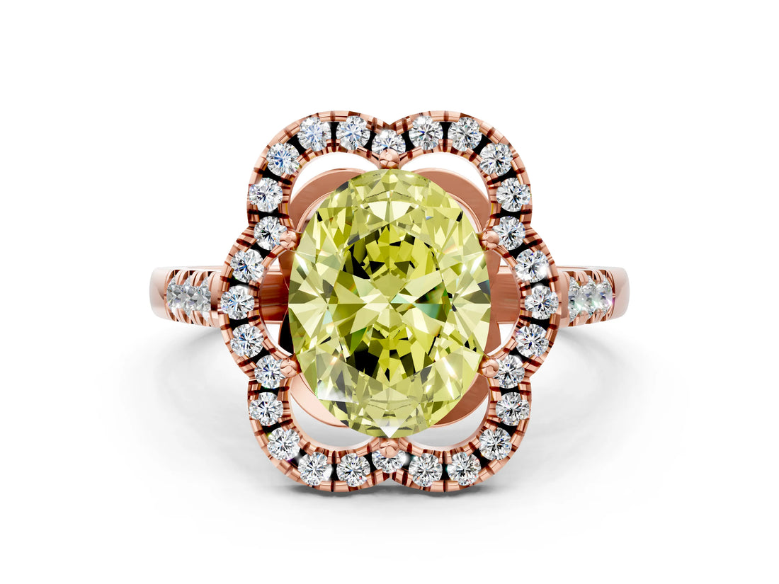 Rose gold Fancy Yellow Oval Cut Diamond Floral Halo Split Shank Prong Setting Ring