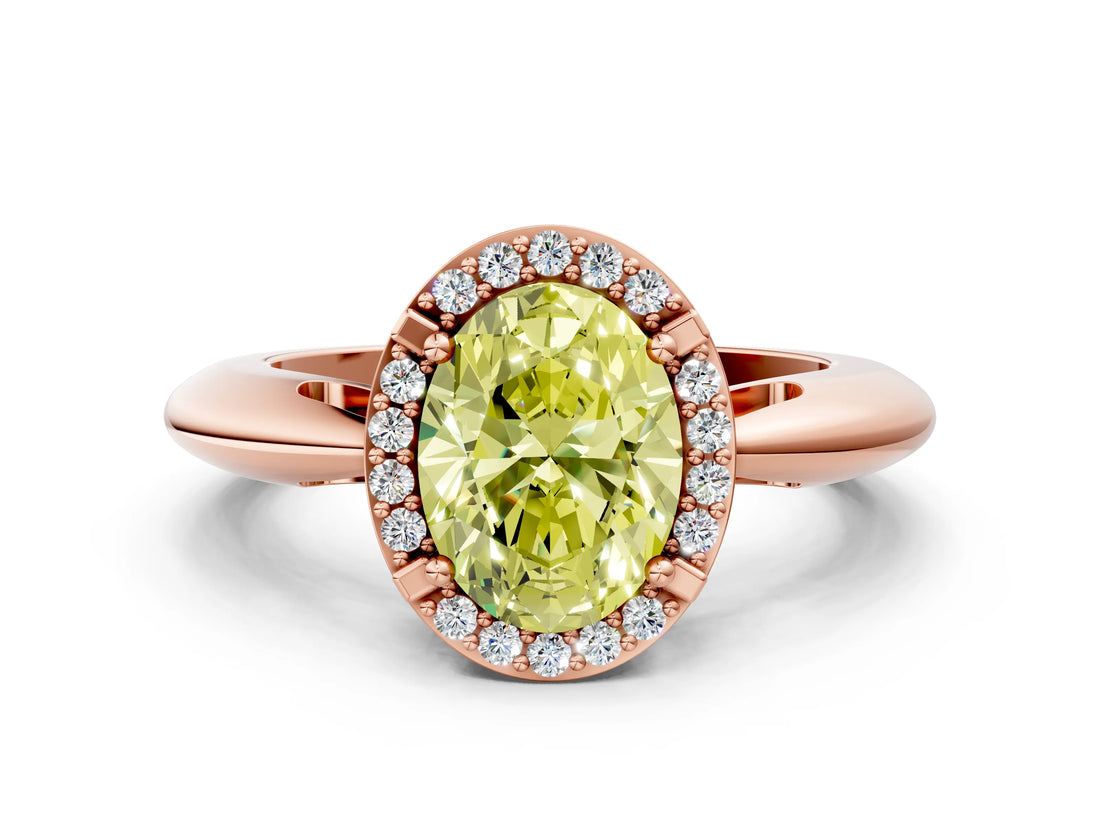 Rose gold Fancy Yellow Oval  Cut Diamond Halo Engagement Ring with Split Shank and Four-Prong Setting_90
