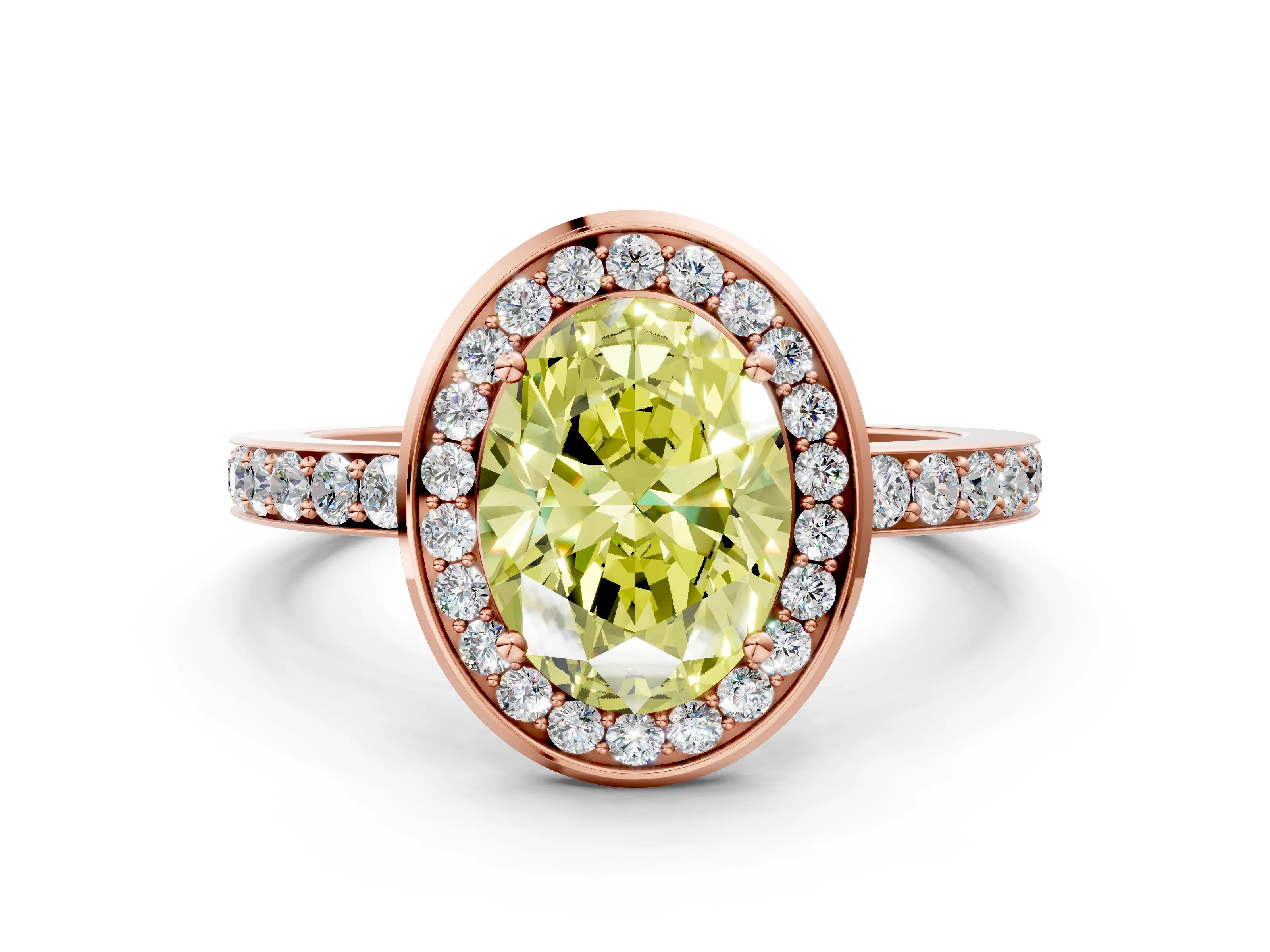 Rose gold Fancy Yellow Oval Cut Diamond Halo Ring with Bezel Frame and Pavé Band
