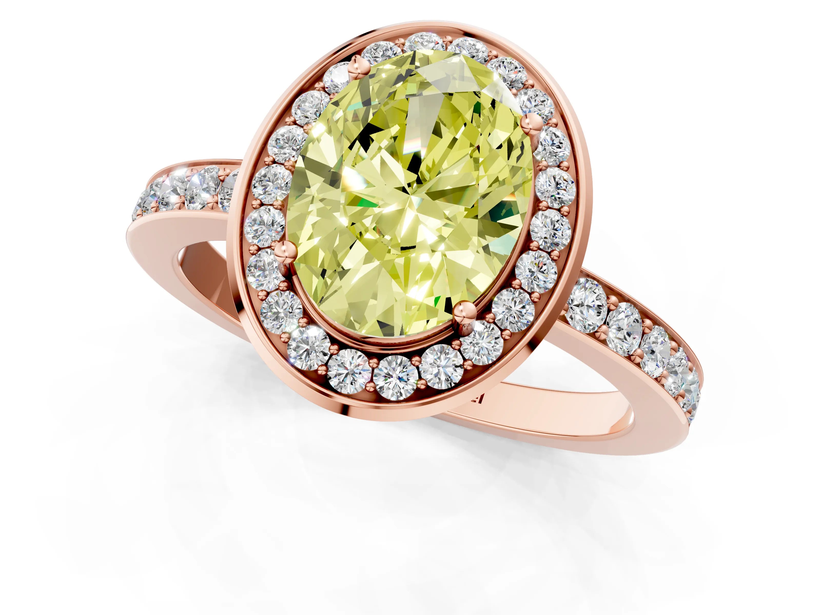 Rose gold Fancy Yellow Oval Cut Diamond Halo Ring with Bezel Frame and Pavé Band_1