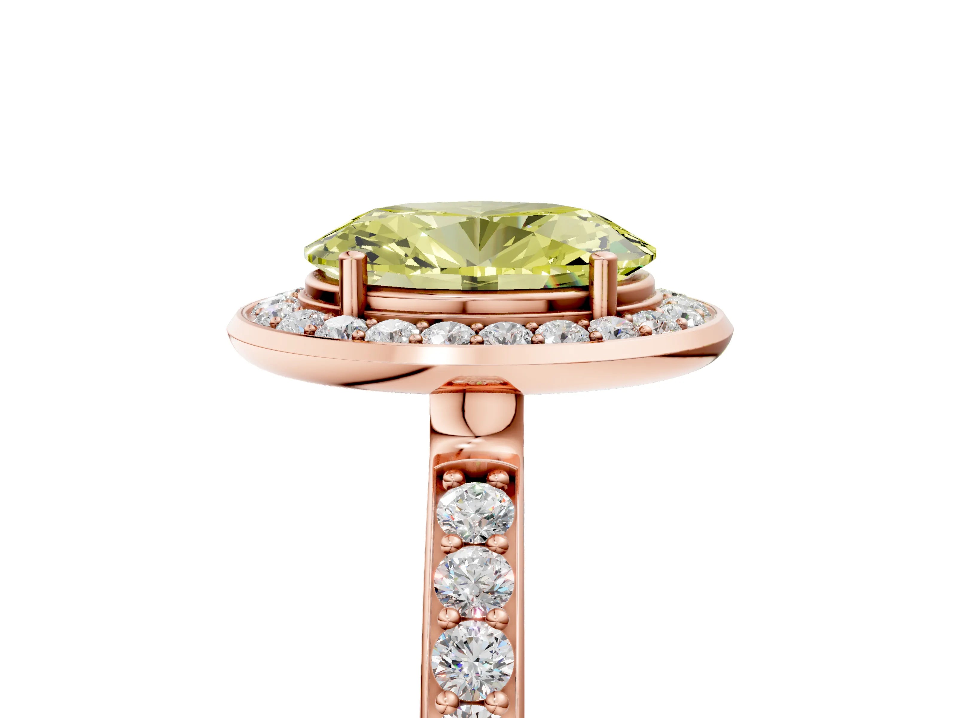 Rose gold Fancy Yellow Oval Cut Diamond Halo Ring with Bezel Frame and Pavé Band_5