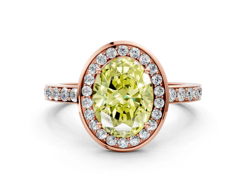 Rose gold Fancy Yellow Oval Cut Diamond Halo Ring with Bezel Frame and Pavé Band