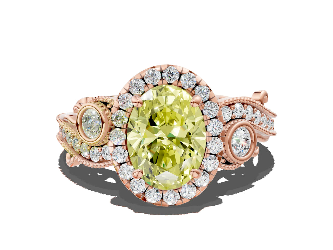 Rose gold Fancy Yellow Oval Cut Diamond Halo Ring with Milgrain Pavé Band and Four-Prong Setting_53