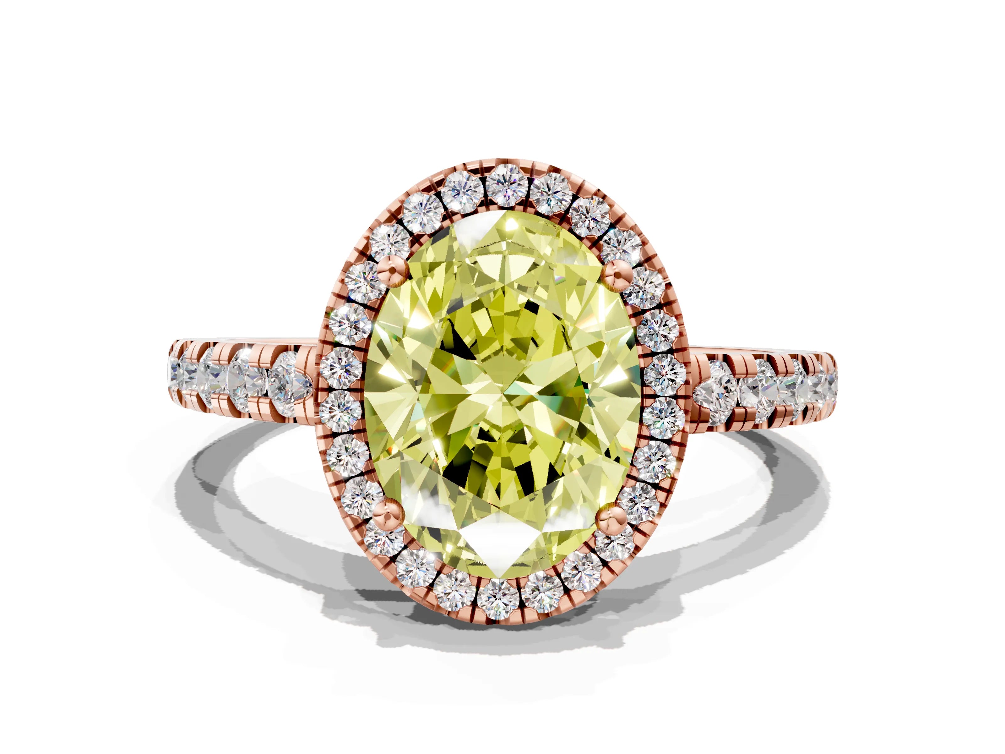 Rose gold Fancy Yellow Oval Cut Diamond Halo Ring with Pavé Band and Four-Prong Setting