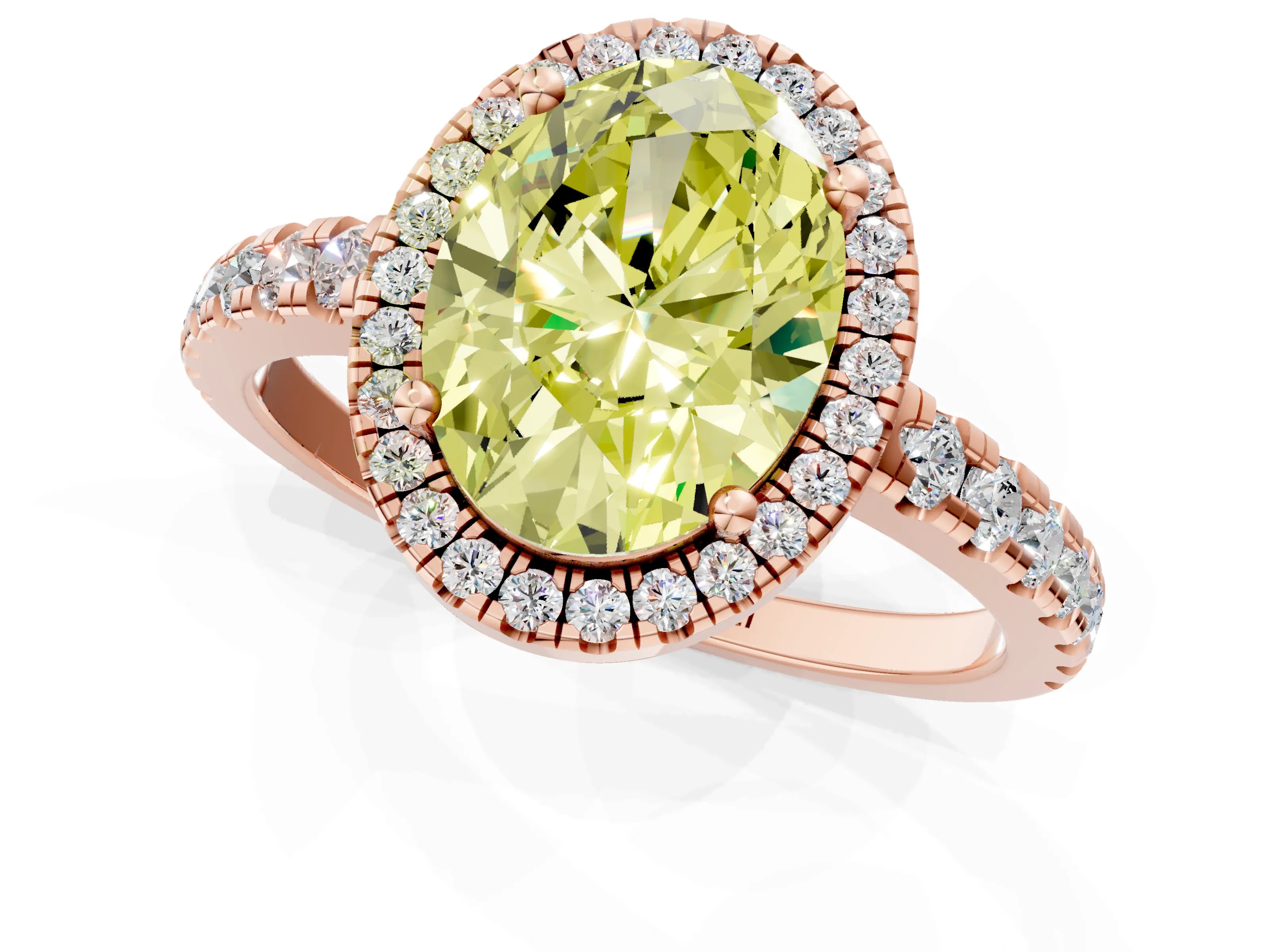 Rose gold Fancy Yellow Oval Cut Diamond Halo Ring with Pavé Band and Four-Prong Setting_1