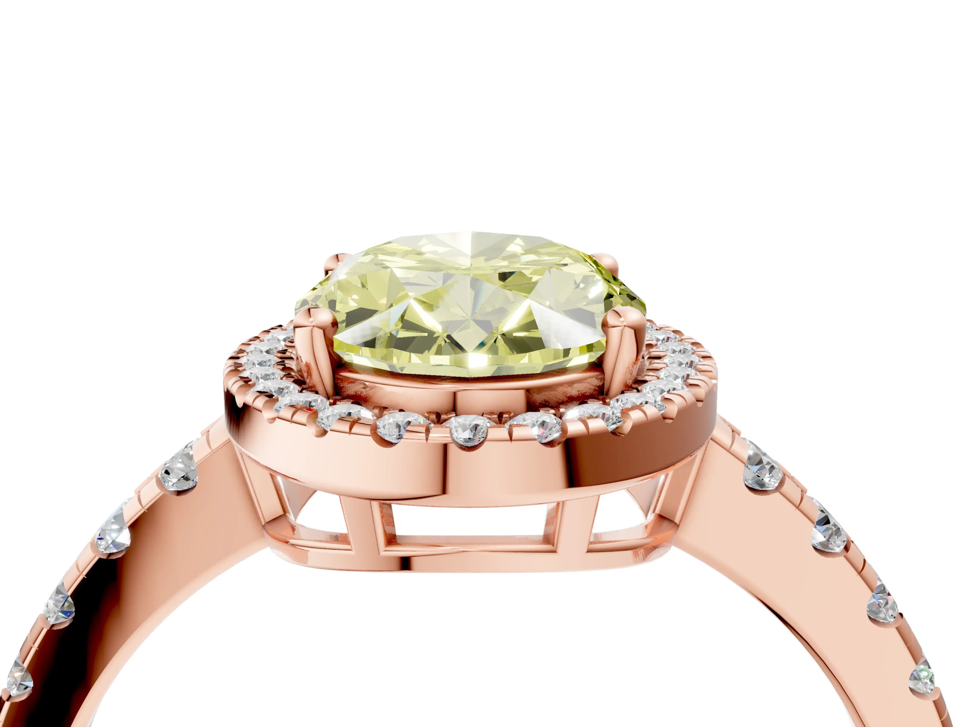 Rose gold Fancy Yellow Oval Cut Diamond Halo Ring with Pavé Band and Four-Prong Setting_4