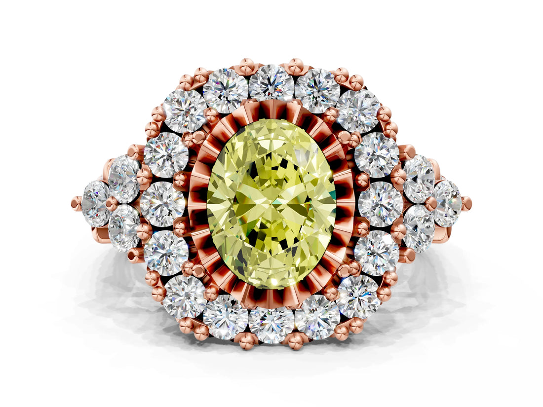 Rose gold Fancy Yellow Oval Cut Diamond Halo Ring with Pavé Band and Four-Prong Setting_41