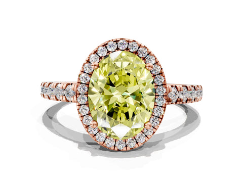 Rose gold Fancy Yellow Oval Cut Diamond Halo Ring with Pavé Band and Four-Prong Setting