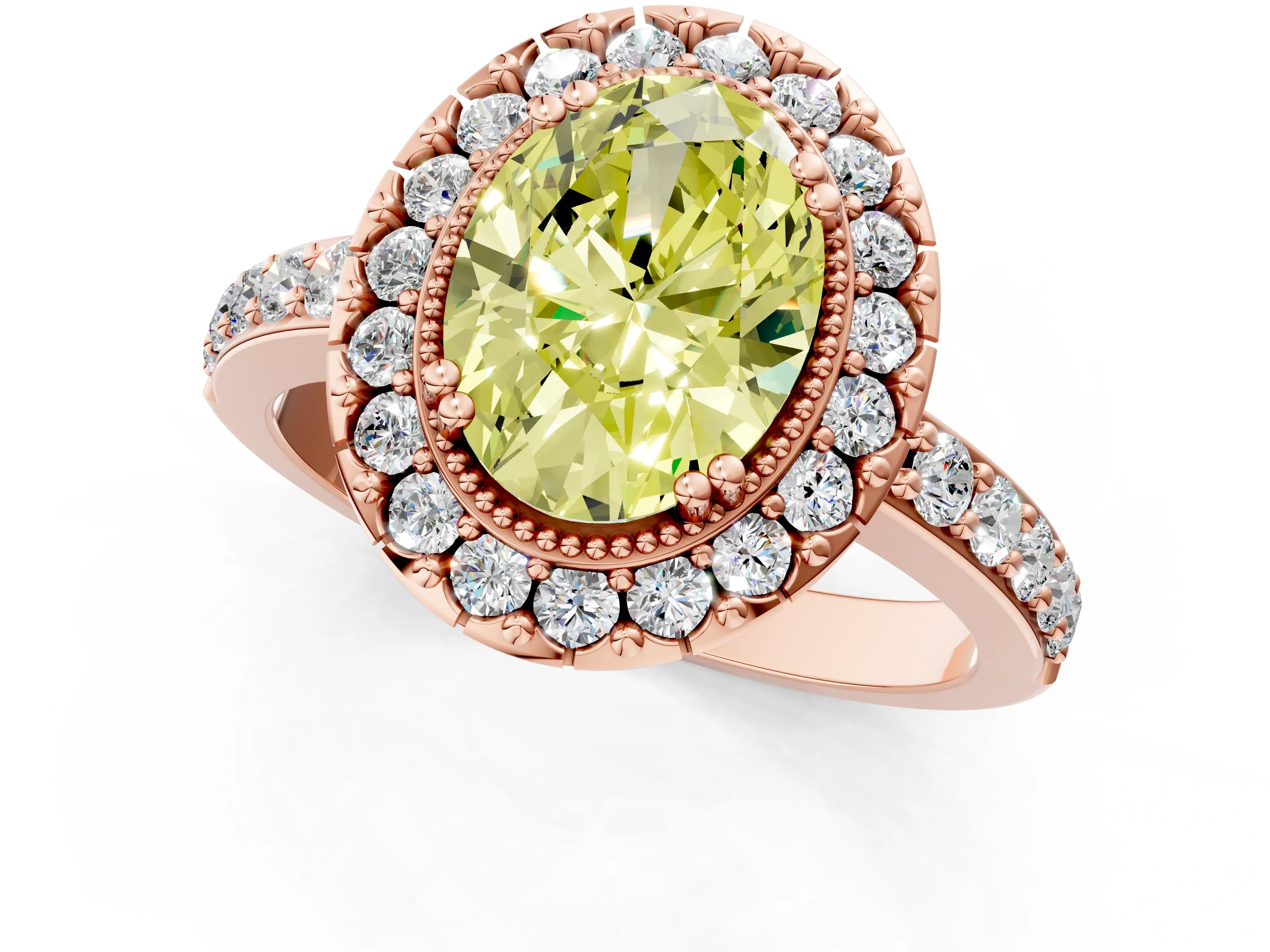 Rose gold Fancy Yellow Oval Cut Diamond Halo Ring with Pavé Band and Prong Setting_1