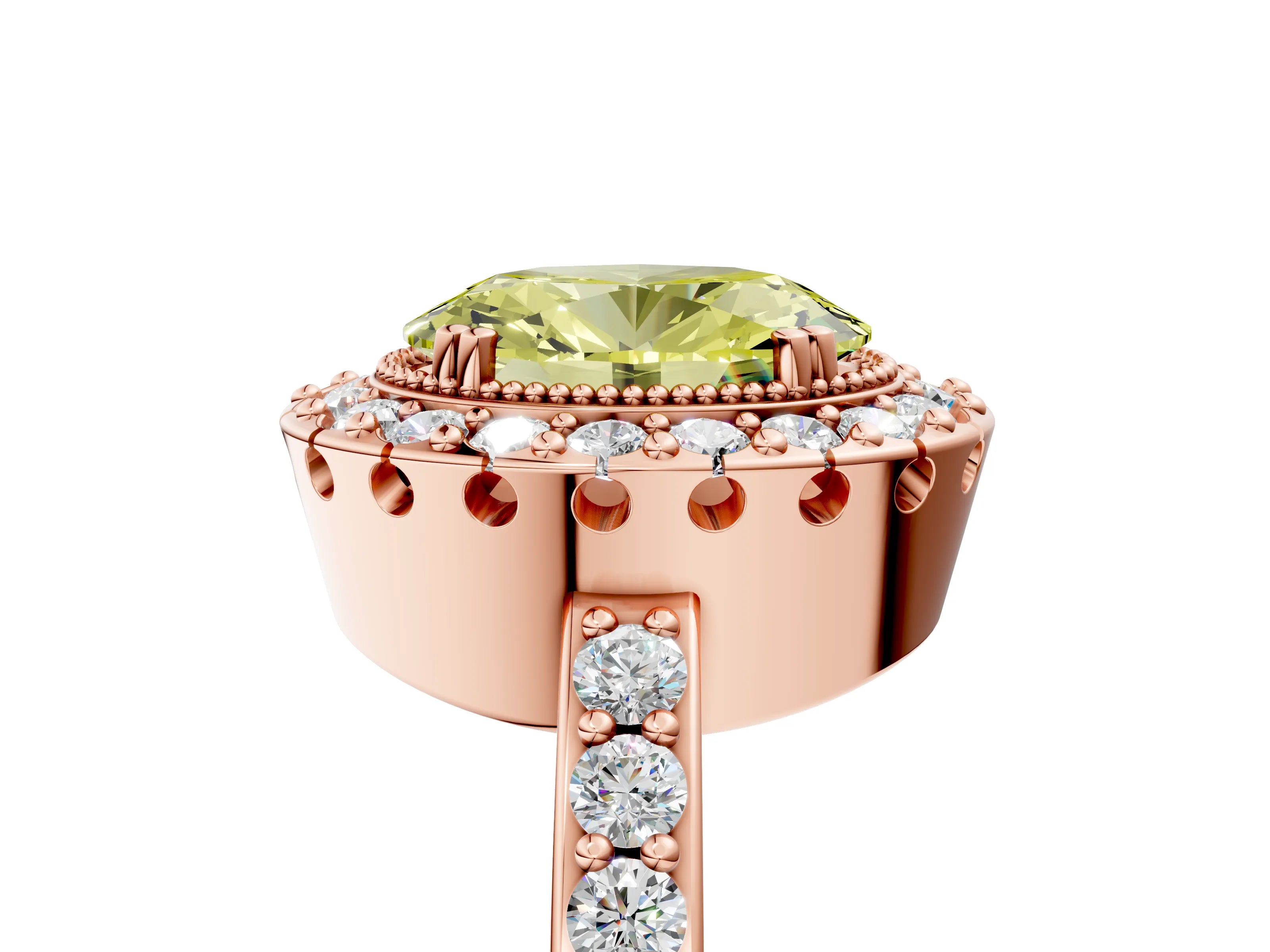 Rose gold Fancy Yellow Oval Cut Diamond Halo Ring with Pavé Band and Prong Setting_5