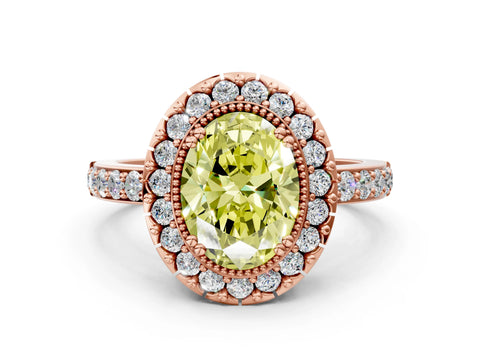 Rose gold Fancy Yellow Oval Cut Diamond Halo Ring with Pavé Band and Prong Setting