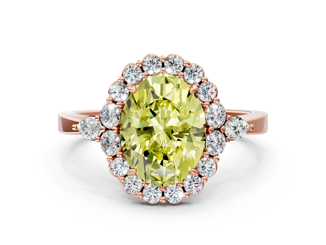 Rose gold Fancy Yellow Oval Cut Diamond Halo Ring with Pear Side Stones and Prong Setting_65
