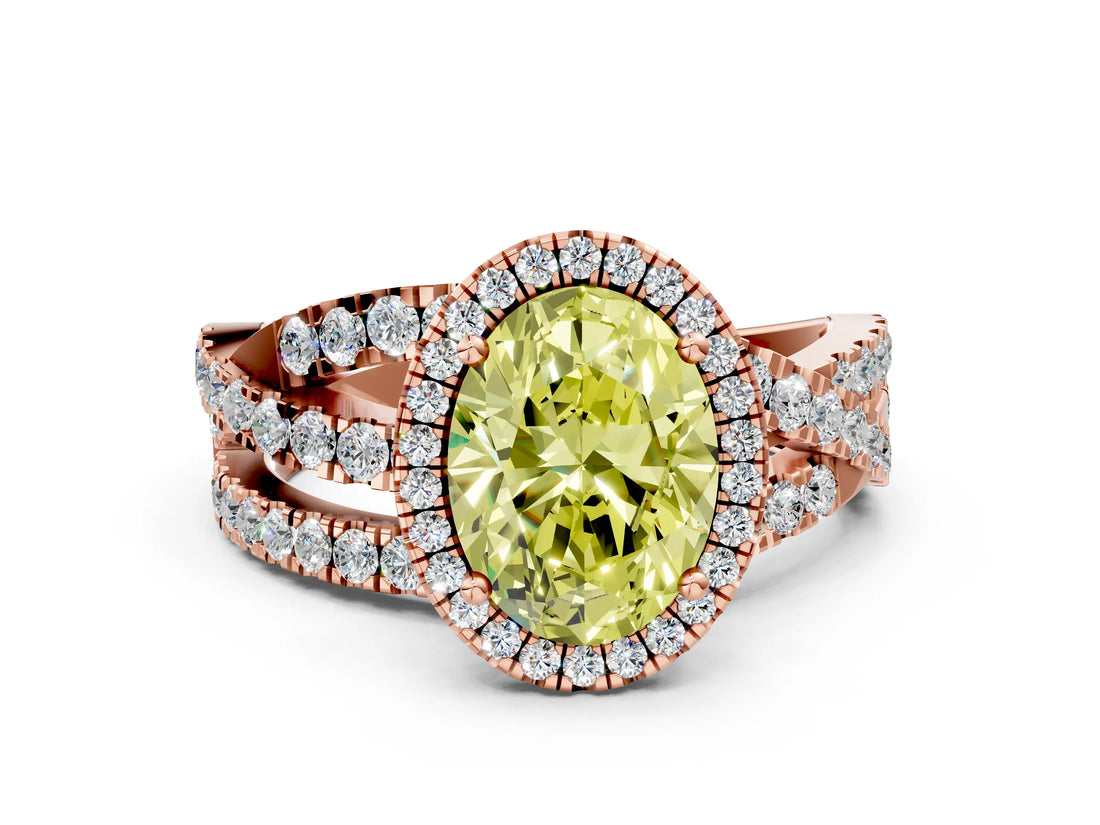 Rose gold Fancy Yellow Oval Cut Diamond Halo Ring with Round Split Shank and Prong Setting_48