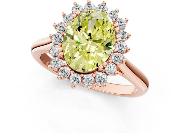 Rose gold Fancy Yellow Oval  Cut Diamond Halo Ring with Solitaire Band and Prong Setting