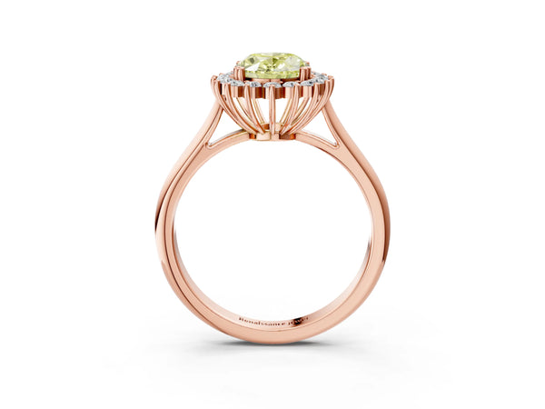 Rose gold Fancy Yellow Oval  Cut Diamond Halo Ring with Solitaire Band and Prong Setting