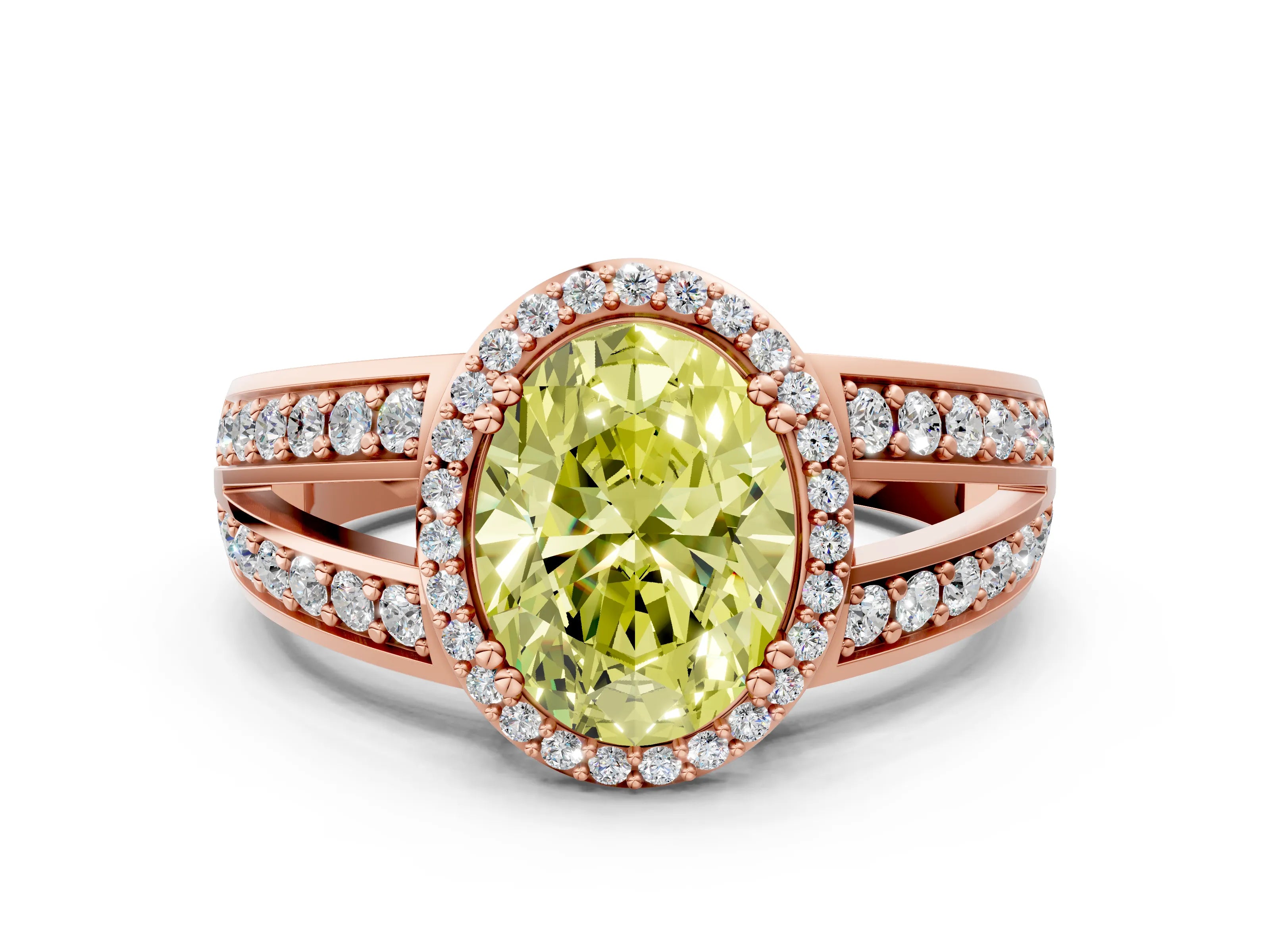 Rose gold Fancy Yellow Oval Cut Diamond Halo Ring with Split Shank Pavé Band and Four-Prong Setting