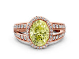 Rose gold Fancy Yellow Oval Cut Diamond Halo Ring with Split Shank Pavé Band and Four-Prong Setting