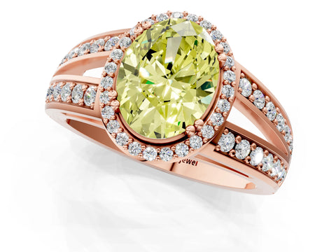 Rose gold Fancy Yellow Oval Cut Diamond Halo Ring with Split Shank Pavé Band and Four-Prong Setting_1
